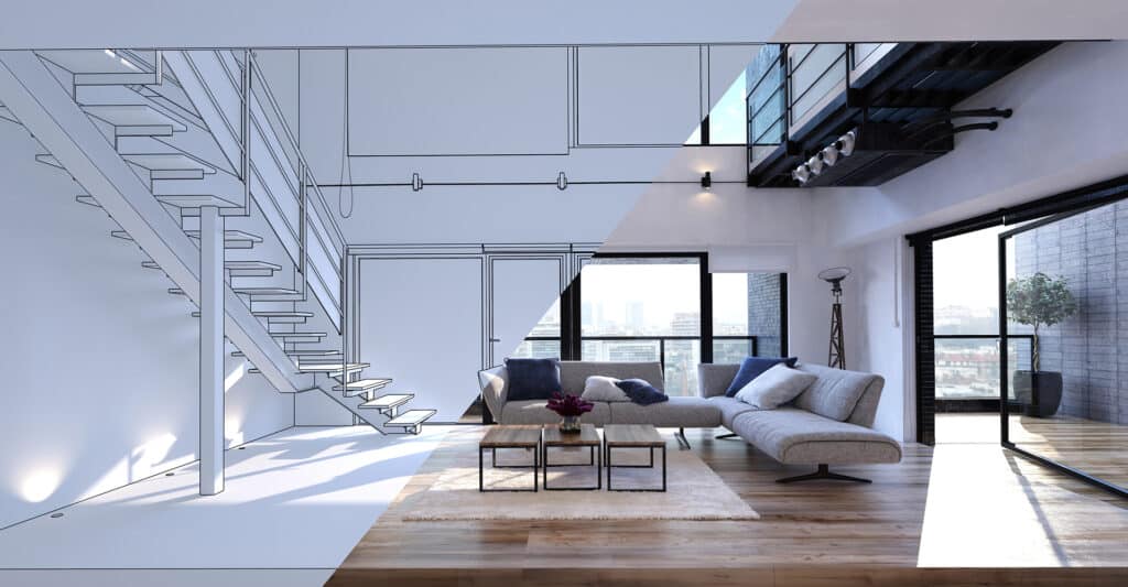 Design intérieur moderne de loft. Une vue splitte montre un rendu 3D non texturé et le salon meublé avec canapé, escalier flottant et vue urbaine.